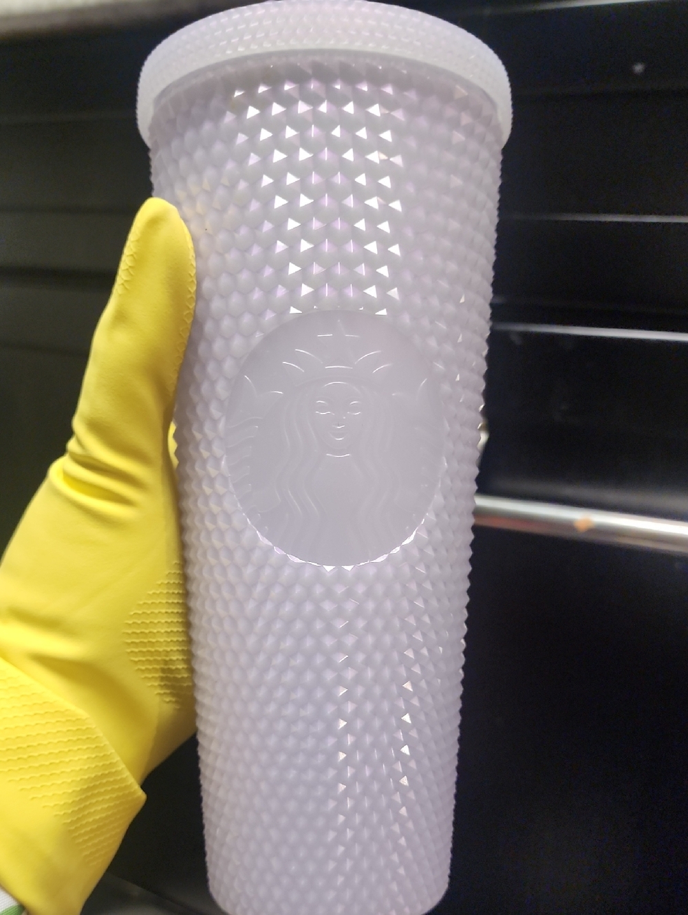Starbucks Iridescent Studded Tumbler in White with Yellow Glove Accent